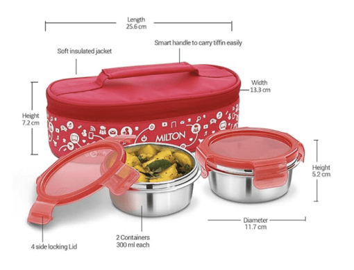 Milton Lifestyle Lunch Stainless Steel Lunch Box, Set of 2, (300 ml Each), Red | Light Weight | Easy to Carry | Leak Proof | Food Grade | Odour Proof - Image 3